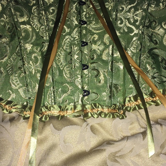 Ladies sexy cotton corset, brocade green, satin ribbons, with boning size M - Picture 3 of 8